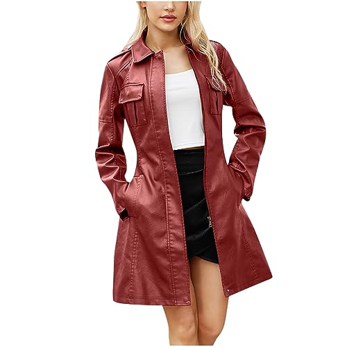 Komiseup Lederjacke Damen Lang - Elegant Jacke Kunstlederjacke Bikerjacke mit Reißverschluss Lederjacke Frauen Kunstlederjacke mit Zip Herbst Frühling Kunstleder Motorradjacke Coat von Komiseup