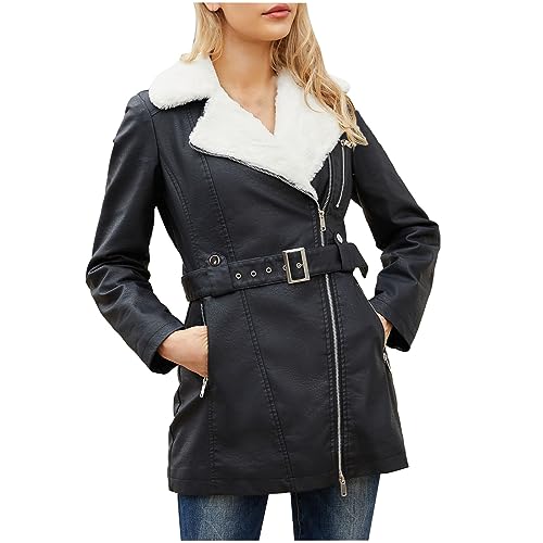 Komiseup Lederjacke Damen Lang Winterjacke Fleecejacke Parker Lose Winter Warm Gefütterte Mantel Jacke Top Damen Elegant Revers Leder Jacken mit Reißverschluss und Gürtel von Komiseup