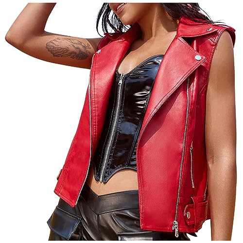 Komiseup Lederweste Damen Ärmellose Lederjacke Slim Fit Motorradjacke Damen Mode Leder Weste mit Reißverschluss von Komiseup