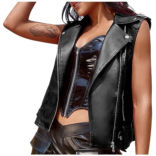 Komiseup Lederweste Damen Ärmellose Lederjacke Slim Fit Motorradjacke Damen Mode Leder Weste mit Reißverschluss von Komiseup