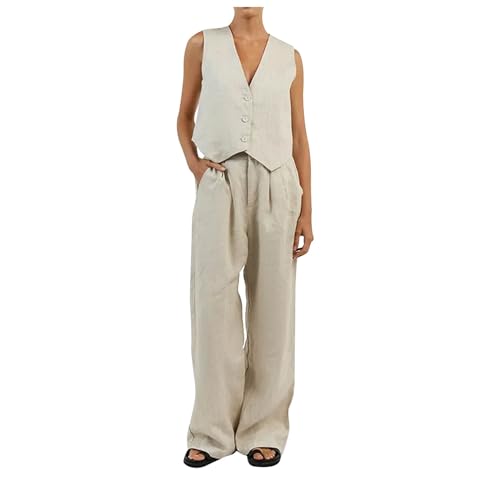 Komiseup Leinen Outfits Damen Leicht Baumwolle Hosenanzug 2 Teiler Leinenanzug Ärmellose Tshirt + Lang Hosen Elegant Einfarbig Freizeitanzug große Größen Jogginganzug Leicht Atmungsaktiv Tracksuit 02 von Komiseup