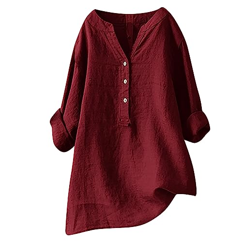 Komiseup Leinenbluse Damen Musselin Bluse Damen Vintage Einfarbig Tunika Sommer Oversize Tshirt Baumwolle Leinen Longbluse Mode Druck Oberteil Langarm V-Ausschnitt Pullover Lang Hemd Tops Große Größen von Komiseup