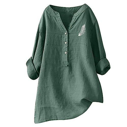 Komiseup Leinenbluse Damen Musselin Bluse Damen Vintage Einfarbig Tunika Sommer Oversize Tshirt Baumwolle Leinen Longbluse Mode Druck Oberteil Langarm V-Ausschnitt Pullover Lang Hemd Tops Große Größen von Komiseup