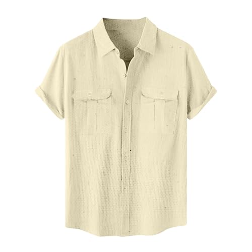 Komiseup Leinenhemd Herren Sommer Musselin Hemd Locker Kurzarm/Langarm Sommerhemden Revers Einreihiges Tshirt mit Taschen Große Größe Einfarbige Freizeithemden Regular Fit Leinen Shirt für Männer von Komiseup