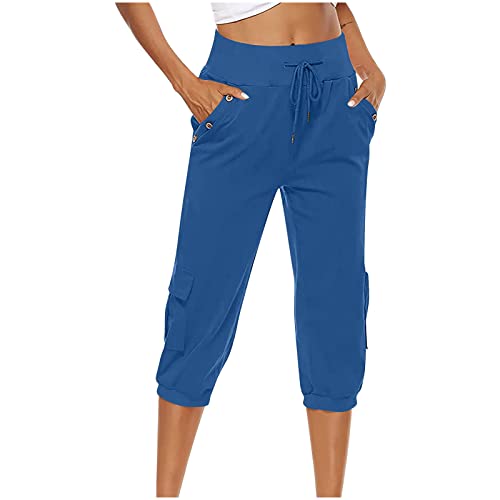 Komiseup Leinenhose Damen 3/4 Sommerhose Frauen Dreiviertel Hose Einfarbig Freizeithose mit weitem Bein Baumwolle Leinen Straighthose Baggy Leicht Strandhose mit Kordelzug und Taschen Übergroße S-5XL von Komiseup