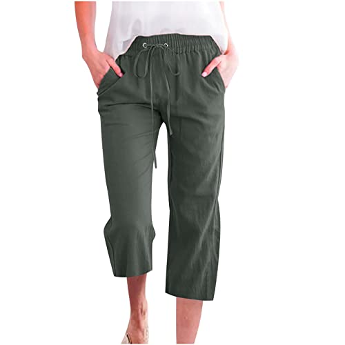 Komiseup Leinenhose Damen Kurz Musselin Hose Sommer 3/4 Caprihose Baumwolle Leinen Jogginghose Gerades Bein Strandhose Einfarbig Sommerhose mit Kordelzug und Taschen Elastische Taille Freizeithose von Komiseup