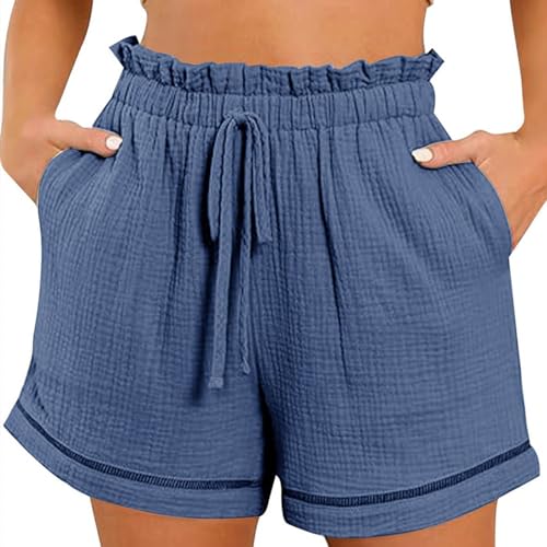 Komiseup Leinenhose Damen Kurze Musselin Hose Sommer Leinen Shorts Elastische Taille Stoffhose mit Taschen Stretch Gerades Bein Sport Shorts mit Kordelzug Lässige Einfarbige Hotpants Lose Beach Shorts von Komiseup