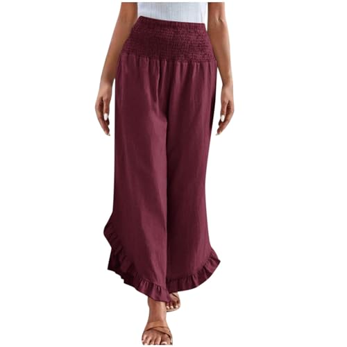 Komiseup Leinenhose Damen Musselin Hose Elegant Einfarbig Stoffhose mit Rüschen Hohe Taille Freizeithose Lässig Boho Strandhose Wide Leg Palazzo Hosen Baumwolle Leinen Jogginghose Leichte Yogahose von Komiseup