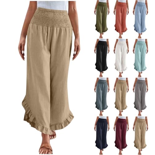 Komiseup Leinenhose Damen Musselin Hose Elegant Einfarbig Stoffhose mit Rüschen Hohe Taille Freizeithose Lässig Boho Strandhose Wide Leg Palazzo Hosen Baumwolle Leinen Jogginghose Leichte Yogahose von Komiseup