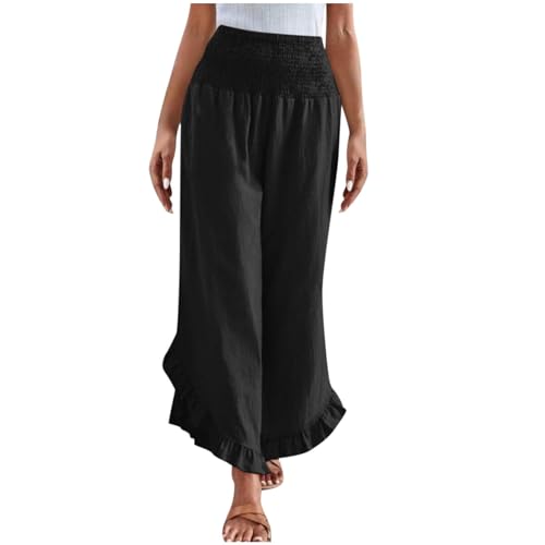 Komiseup Leinenhose Damen Musselin Hose Elegant Einfarbig Stoffhose mit Rüschen Hohe Taille Freizeithose Lässig Boho Strandhose Wide Leg Palazzo Hosen Baumwolle Leinen Jogginghose Leichte Yogahose von Komiseup