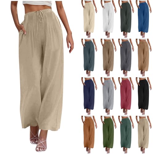 Komiseup Leinenhose Damen Musselin Hose Leicht Sommerhose Boho Strandhose Elegant Einfarbig Stoffhose mit Taschen Elastische Taille Freizeithose Wide Leg Palazzo Hosen Baumwolle Leinen Jogginghose von Komiseup