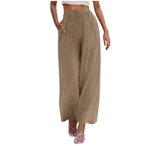 Komiseup Leinenhose Damen Musselin Hose Leicht Sommerhose Boho Strandhose Elegant Einfarbig Stoffhose mit Taschen Elastische Taille Freizeithose Wide Leg Palazzo Hosen Baumwolle Leinen Jogginghose von Komiseup
