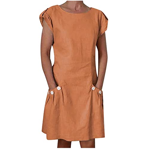 Komiseup Leinenkleid Damen Knielang Roll Kurzarm Sommerkleid Einfarbig Baumwolle Leinen Kleid mit Tasche Lässige Rundhals Blusenkleid Leicht Sommerkleider Frauen Kleider Strandkleid Freizeitkleid von Komiseup