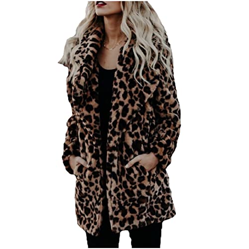 Komiseup Mantel Damen Eleagnte Revers Leopard Pelzmantel Fellmantel Damen Langarm Jacke aus Kunstleder Flauschig und Weich Übergangsjacke Strickjacke von Komiseup