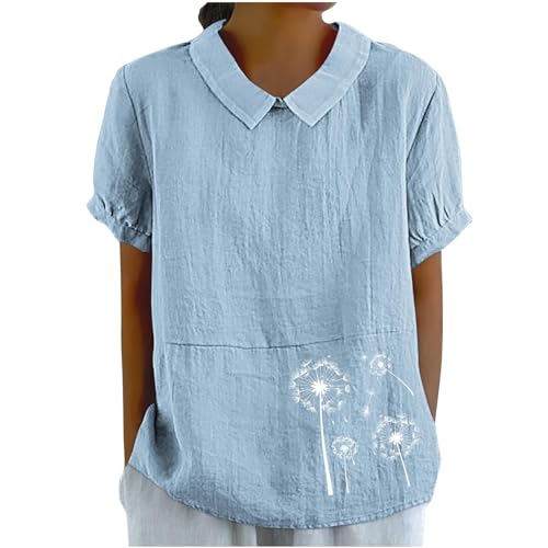 Komiseup Musselin Bluse Damen Baumwolle Leinenbluse Sommer Hemdbluse Elegant Einfarbig Longshirt Vintage Löwenzahn Druck Bluseshirt Kurzarm Rundhals Tshirt mit Puppenkragen Lässige Revers Leinenhemd von Komiseup