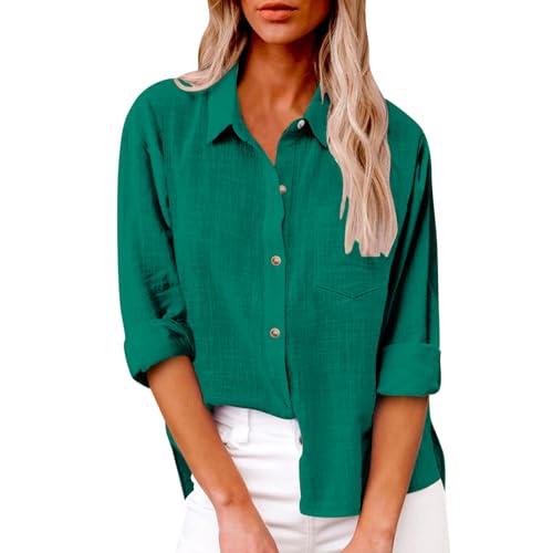 Komiseup Musselin Bluse Damen Sommer Baumwolle Leinenbluse Elegant Einfarbig Blusenshirt Revers Einreihiges Leinenhemd Große Größen Langarm V-Ausschnitt Longbluse Oversized Blusehemd mit Taschen von Komiseup