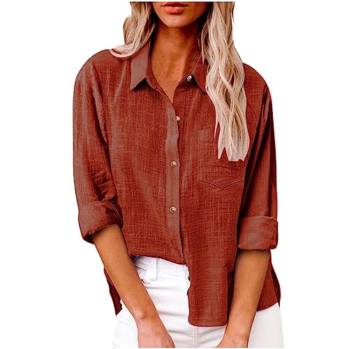 Komiseup Musselin Bluse Damen Sommer Baumwolle Leinenbluse Elegant Einfarbig Blusenshirt Revers Einreihiges Leinenhemd Große Größen Langarm V-Ausschnitt Longbluse Oversized Blusehemd mit Taschen von Komiseup
