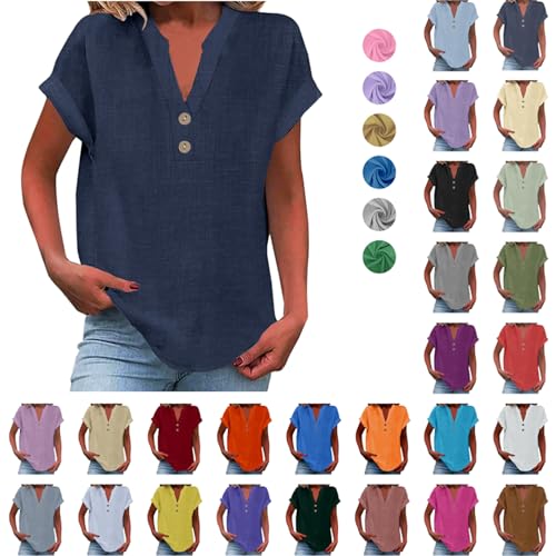 Komiseup Musselin Bluse Damen Sommer Baumwolle Leinenbluse Elegant Einfarbig Blusenshirt Teenager Mädchen Leinenhemd Große Größen Kurzarm V-Ausschnitt Longbluse Frauen Oversized Blusehemd mit Knöpfe von Komiseup