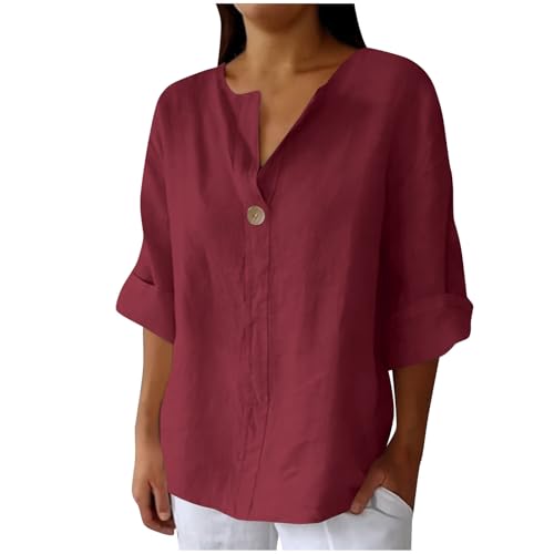 Komiseup Musselin Bluse Damen Sommer Baumwolle Leinenbluse Elegant Einfarbig Longshirt Teenager Mädchen Tshirt Frauen 3/4 Ärmel Tunika Tops Große Größen Lässige V-Ausschnitt Leinenhemd mit Knöpfen von Komiseup