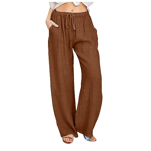 Komiseup Musselin Leinenhose Damen Sommer Baumwolle Leinen Stoffhose Elegant Einfarbig Freizeithose Gerades Bein Strandhose Frauen Weite Leg Hose Leicht Weite Sommerhose mit Kordelzug und Taschen von Komiseup