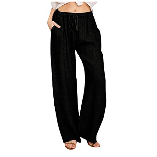 Komiseup Musselin Leinenhose Damen Sommer Baumwolle Leinen Stoffhose Elegant Einfarbig Freizeithose Gerades Bein Strandhose Frauen Weite Leg Hose Leicht Weite Sommerhose mit Kordelzug und Taschen von Komiseup