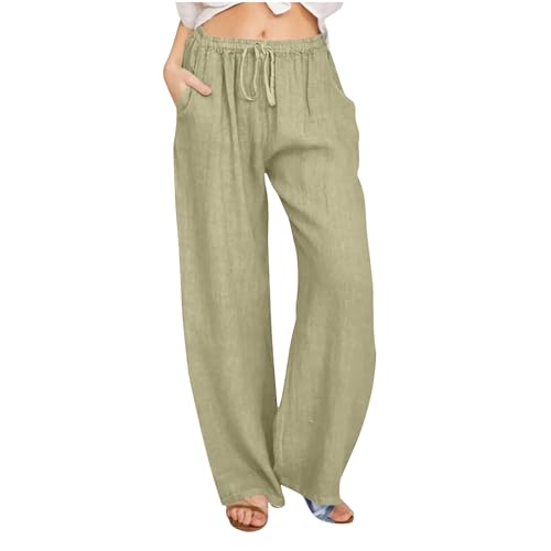 Komiseup Musselin Leinenhose Damen Sommer Baumwolle Leinen Stoffhose Elegant Einfarbig Freizeithose Gerades Bein Strandhose Frauen Weite Leg Hose Leicht Weite Sommerhose mit Kordelzug und Taschen von Komiseup