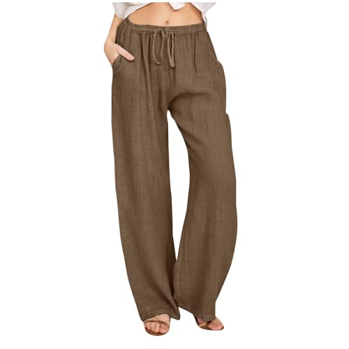 Komiseup Musselin Leinenhose Damen Sommer Baumwolle Leinen Stoffhose Elegant Einfarbig Freizeithose Gerades Bein Strandhose Frauen Weite Leg Hose Leicht Weite Sommerhose mit Kordelzug und Taschen von Komiseup