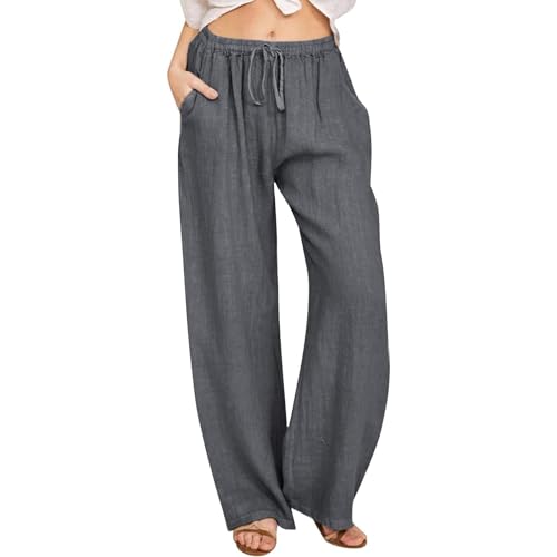 Komiseup Musselin Leinenhose Damen Sommer Baumwolle Leinen Stoffhose Elegant Einfarbig Freizeithose Gerades Bein Strandhose Frauen Weite Leg Hose Leicht Weite Sommerhose mit Kordelzug und Taschen von Komiseup