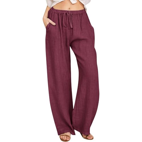Komiseup Musselin Leinenhose Damen Sommer Baumwolle Leinen Stoffhose Elegant Einfarbig Freizeithose Gerades Bein Strandhose Frauen Weite Leg Hose Leicht Weite Sommerhose mit Kordelzug und Taschen von Komiseup