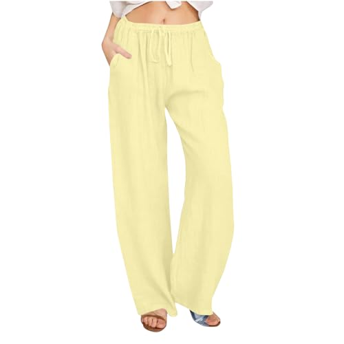 Komiseup Musselin Leinenhose Damen Sommer Baumwolle Leinen Stoffhose Elegant Einfarbig Freizeithose Gerades Bein Strandhose Frauen Weite Leg Hose Leicht Weite Sommerhose mit Kordelzug und Taschen von Komiseup