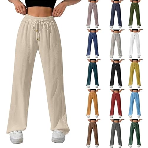 Komiseup Musselin Leinenhose Damen Sommer Baumwolle Leinen Stoffhose Gerades Bein Strandhose Elegant Einfarbig Freizeithose Frauen Weite Leg Jogginghose Leicht Sommerhose mit Kordelzug und Taschen von Komiseup