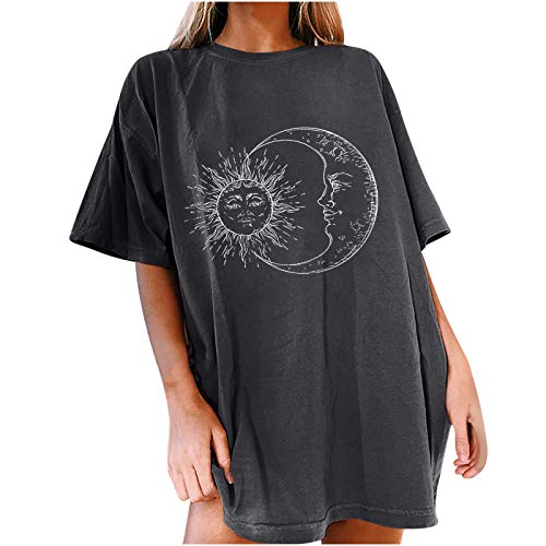 Komiseup Oberteile Damen Oversized T-Shirt Sonne Mond Motiv Sportshirt Sommer Kurzarm Sport Shirts Vintage Sweatshirt Locker Rundhals Tshirt Teenager Mädchen Best Friends Lang Top Longshirt Streetwear von Komiseup