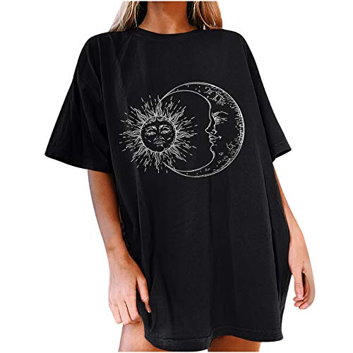 Komiseup Oberteile Damen Oversized T-Shirt Sonne Mond Motiv Sportshirt Sommer Kurzarm Sport Shirts Vintage Sweatshirt Locker Rundhals Tshirt Teenager Mädchen Best Friends Lang Top Longshirt Streetwear von Komiseup