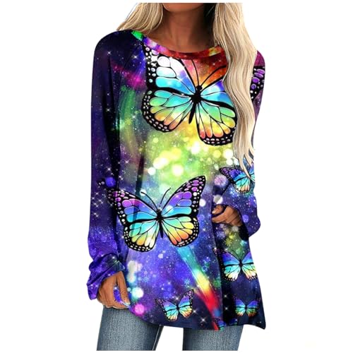 Komiseup Oversize Shirt Damen Lang Y2K Sweatshirt Große Größen Casual Baumwolle Bluse Lose Rundhals Langarmshirt Bunt Schmetterlingsdruck Tops Leichte Festliche Tunika Teenager Mädchen Longshirt S-5XL von Komiseup