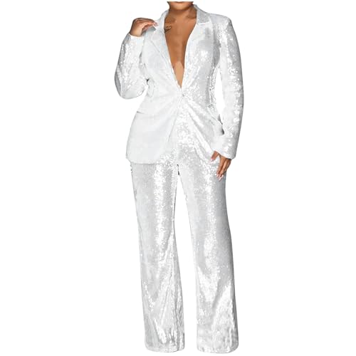 Komiseup Pailletten Jacke Anzug Damen 2 Teiler Party Hosenanzug Glitzernde Einfarbige Blazer Anzug Set Abendrobe Outfit Set Formal Festlicher Suit Sexy V-Ausschnitt Longblazer+Hose Formal Workout Sets von Komiseup