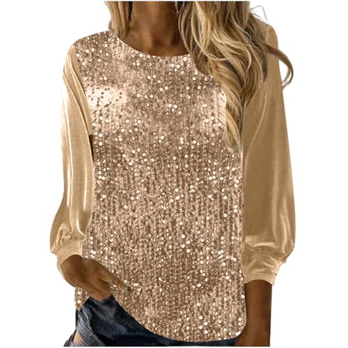 Komiseup Pailletten Langarmshirt Damen Glitzer Goldenes Samt Bluse Tops Party Festlich Pailletten Shirts Elegant Einfarbig Pullover Klassisch Velvet Blusenshirt Sparkle Shimmer Tunika Gold Samtbluse von Komiseup