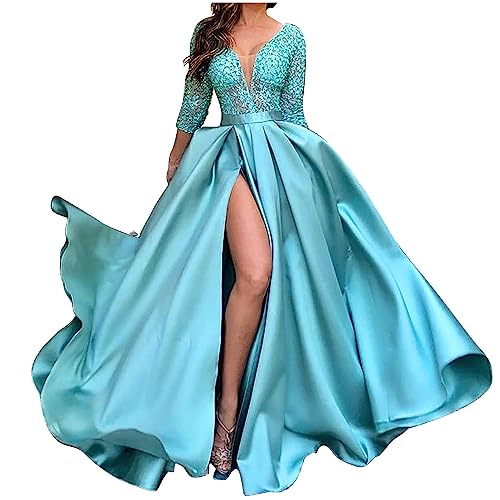 Komiseup Partykleid Damen Sexy V-Ausschnitt Abendkleid mit hohem Schlitz Lange Cocktailkleid Große Größen Elegant Einfarbige Hochzeitskleid Glitzer Pailletten Maxikleid Langarm Kleid mit großem Rock von Komiseup