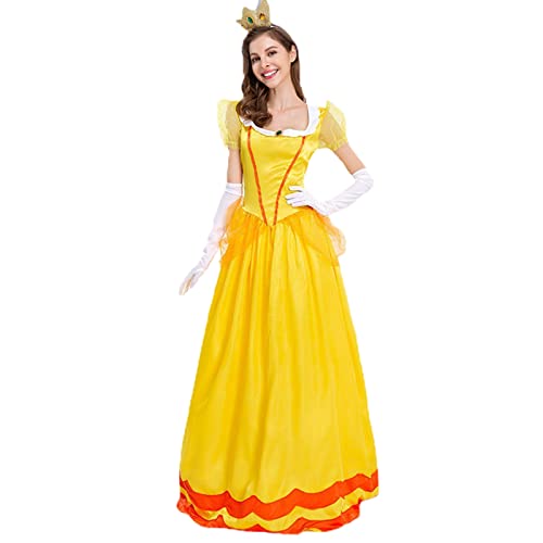 Komiseup Prinzessin Kleid Damen Fasching Karneval Kostüm Märchen Cosplay Kostüm Gelbes Festlich Party Kleid Puffärmel Langes Kleid + Handschuhen + Krone Zubehör Set Halloween Weihnachten Fasching Set von Komiseup