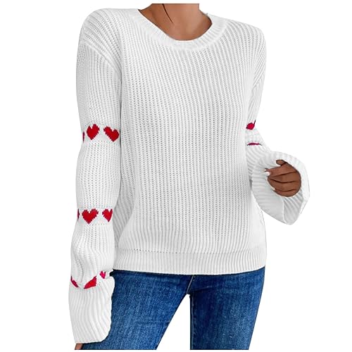 Komiseup Pullover Damen, Strickpullover Damen, Damen Elegant Pullover Langärmliges Pullover-Oberteil mit Herz-Print und Rundhalsausschnitt Herbst Winter Pulli Oberteil Sweater von Komiseup