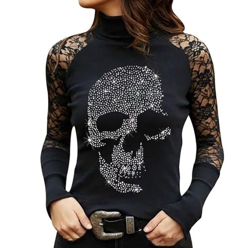 Komiseup Pullover Damen Spitze Langarmshirt Strass Totenkopf T-Shirts Rundhalsausschnitt Langarm Blusen Damen Eleagnt Herbst Basic Tops Tunika Bluse Sexy Spitzen Oberteil Slim Fit Shirt Tops von Komiseup