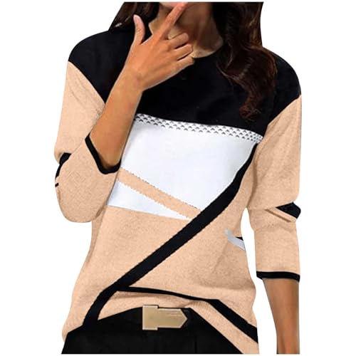 Komiseup Pullover Damen Sport Langarm Sweatshirt Basic Rundhals Langarmshirt ohne Kapuze geometrischem Druck Longshirt Lose Casual Oberteil Herbst Winter Baumwolle Pulli Teenager Mädchen Sportshirt von Komiseup