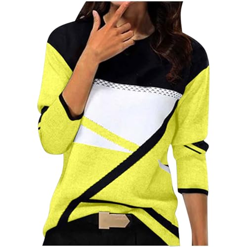 Komiseup Pullover Damen Sport Langarm Sweatshirt Basic Rundhals Langarmshirt ohne Kapuze geometrischem Druck Longshirt Lose Casual Oberteil Herbst Winter Baumwolle Pulli Teenager Mädchen Sportshirt von Komiseup