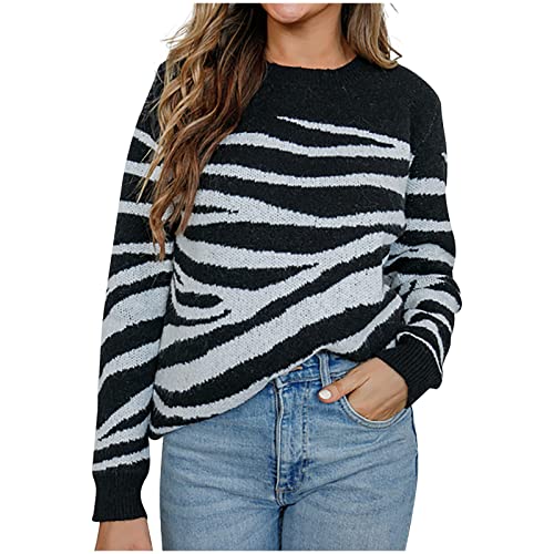 Komiseup Pullover Damen Zebra Gestreifte Langarm Strickpullover Oberteil Pullover Damen Elegant Rundhals Sweatshirt Pulli Herbst Winter Warm Sweater Jumper Tunika Tops von Komiseup