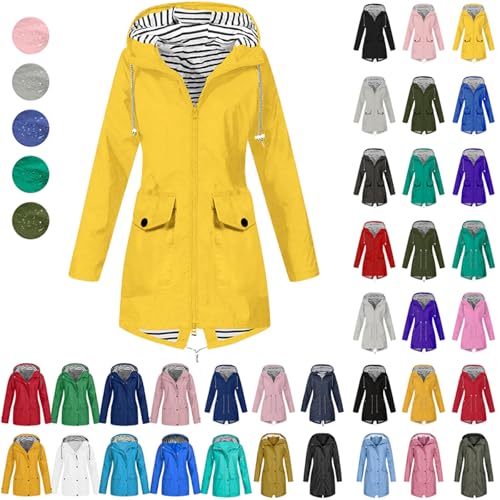 Komiseup Regenjacke Damen Wasserdicht Atmungsaktiv Softshelljacke Elegant Einfarbig Regenmantel Outdoor Leichte Sommerjacke Große Größen Lang Übergangsjacke mit Kapuze Gefüttert Funktionsjacke S-5XL von Komiseup
