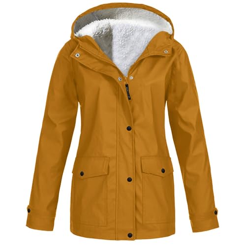 Komiseup Regenjacke Damen Wasserdicht Atmungsaktiv Softshelljacke Fleece gefütterte Übergangsjacke Winter Warm Fleecejacke Leichte Regenmantel Übergröße Steppjacke mit Kapuze Outdoor Funktionsjacke von Komiseup