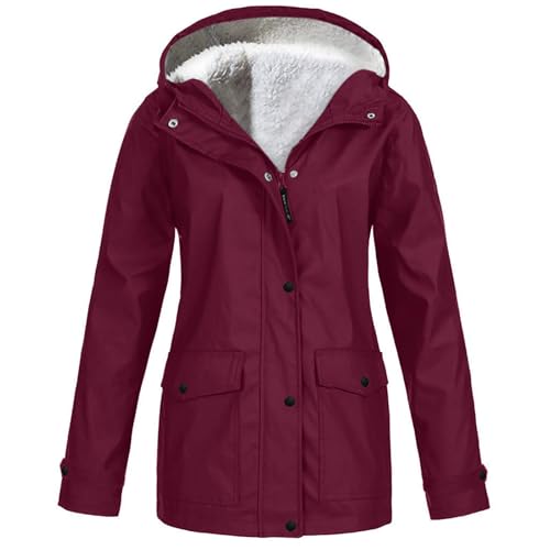 Komiseup Regenjacke Damen Wasserdicht Atmungsaktiv Softshelljacke Fleece gefütterte Übergangsjacke Winter Warm Fleecejacke Leichte Regenmantel Übergröße Steppjacke mit Kapuze Outdoor Funktionsjacke von Komiseup