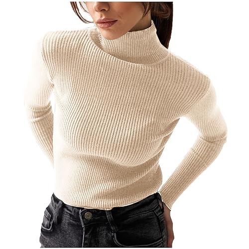 Komiseup Rollkragenpullover Damen Slim Fit Basic Pullover Einfarbig Strickpullover Langarmshirt Damen Elegant Pulli Sweatshirt Leichte Gestrickte Kuschelpullover Herbst Winter von Komiseup