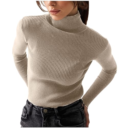 Komiseup Rollkragenpullover Damen Slim Fit Basic Pullover Einfarbig Strickpullover Langarmshirt Damen Elegant Pulli Sweatshirt Leichte Gestrickte Kuschelpullover Herbst Winter von Komiseup