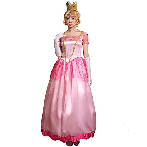 Komiseup Rosa Prinzessin Kleid Damen Peach Kostüm Karneval Cosplay Kostüm Lang Abendkleid + Handschuhe + Krone 3tlg Set Fancy Dress Verkleidung Festzug Party Outfits Halloween Weihnachten Fasching Set von Komiseup