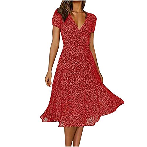 Komiseup Rot Kleider Damen Chiffon Hohe Taill Sommerkleid Kurz Knielang Midikleid Kurzarm V-Ausschnitt Freizeitkleid Polka-Dot Druck Partykleid Swing Boho Strandkleider Lässige Lose Chiffonkleid S-2XL von Komiseup